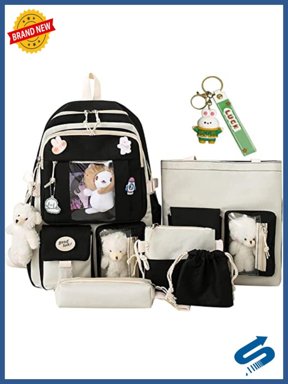 Kawaii Cute Nylon Backpack Set 17in Sports Bag w/ Shoulder Bag Pencil Case Tote